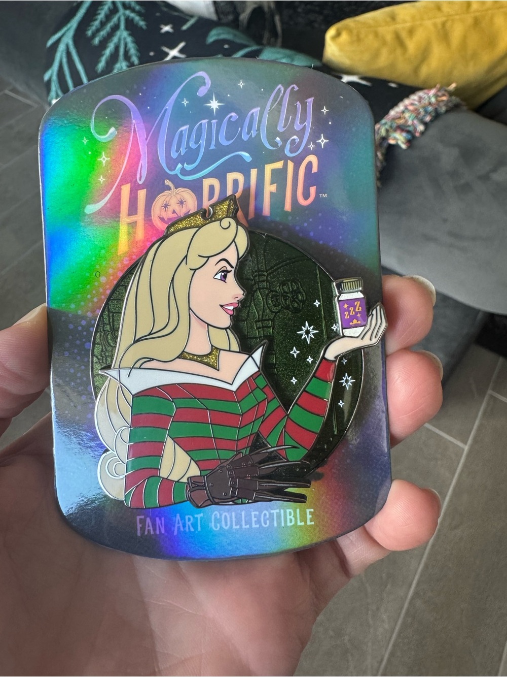 'Magically Horrific' Sleeping Beauty mashup Freddy Krueger Pin - Green & Red